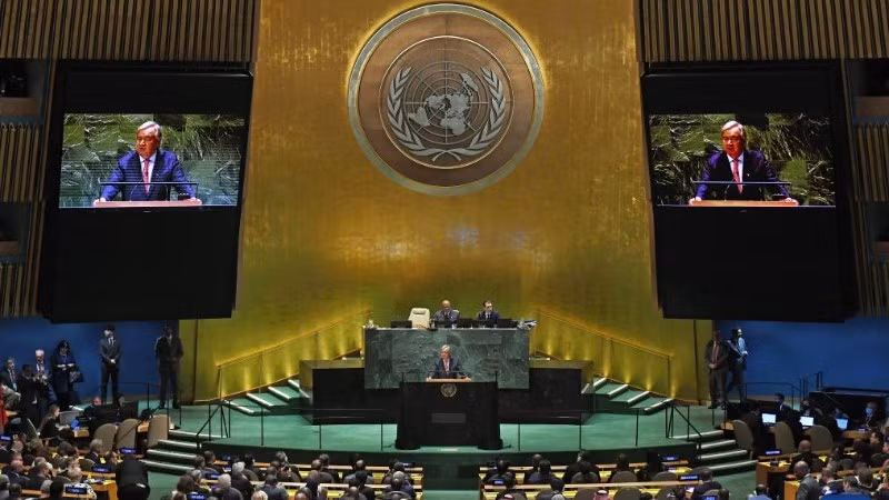 El secretario general de la ONU, Antonio Guterres, habla durante una sesión de la Asamblea General de la ONU en su sede de Nueva York. (Fotografía: Xinhua)