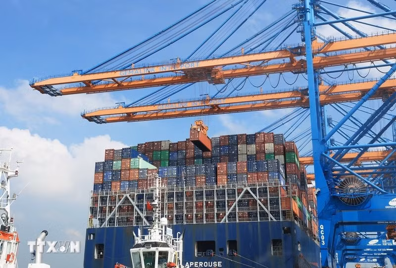 Descarga de contenedores en barcos en el Puerto Internacional Gemalink, en la ciudad de Phu My, en la provincia de Ba Ria-Vung Tau. (Foto: VNA)