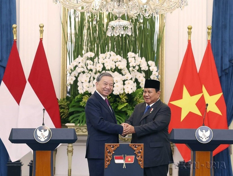 El secretario general del Partido Comunista de Vietnam, To Lam (izquierda), y el presidente de Indonesia, Prabowo Subianto. (Foto: VNA)