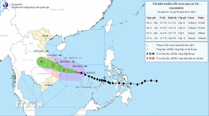 El desplazamiento de la tormenta Kalmaegi a las 5:00 del 6 de noviembre. (Foto: Centro Nacional de Pronósticos Hidrometeorológicos de Vietnam)