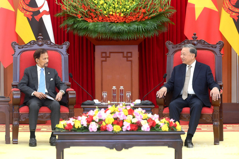 El secretario general del Partido Comunista de Vietnam, To Lam, conversa con el sultán de Brunéi, Haji Hassanal Bolkiah. (Foto: Nhan Dan)