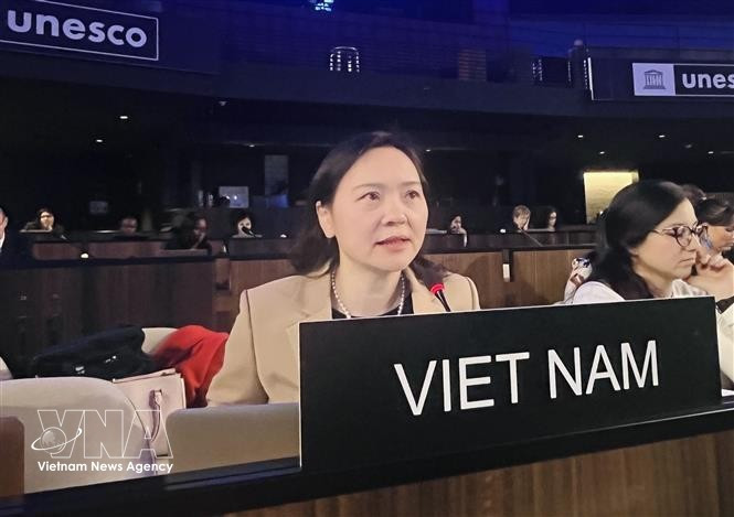La embajadora Nguyen Thi Van Anh, representante permanente de Vietnam ante la Unesco, interviene en la sesión. (Foto: VNA)