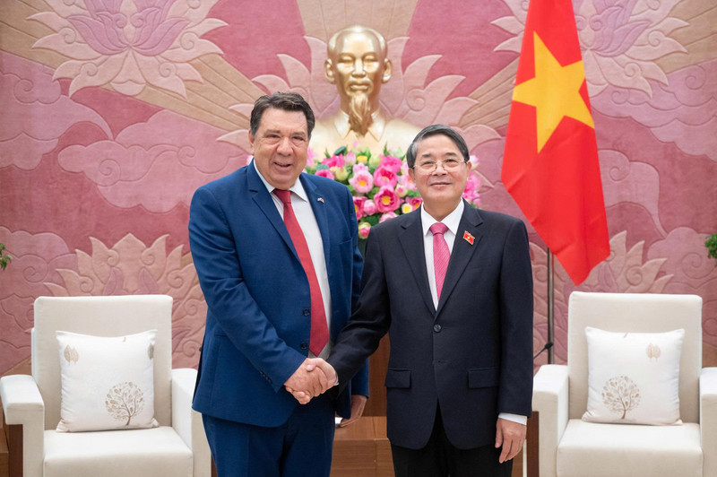 El vicepresidente de la Asamblea Nacional de Vietnam Nguyen Duc Hai (derecha) recibe a Gabriel Petris, cónsul honorario del país indochino en El Pireo (Grecia) y presidente del grupo de energía Aerius. (Foto: quochoi.vn)