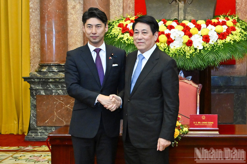 El presidente de Vietnam, Luong Cuong (derecha), recibe a Nakasone Yasutaka, director de la División Juvenil del Partido Liberal Democrático de Japón. (Foto: Nhan Dan)