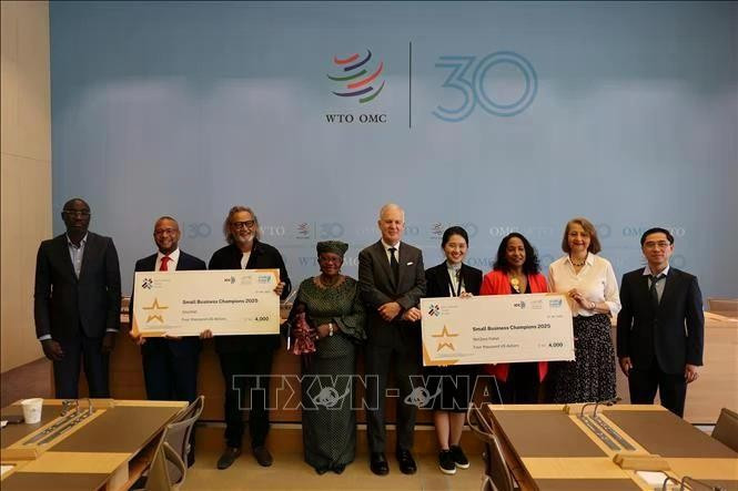 El ministro consejero Pham Quang Huy (primero a la derecha) y el comité organizador del Concurso Campeones de las Pequeñas Empresas 2025. (Fotografía: VNA)
