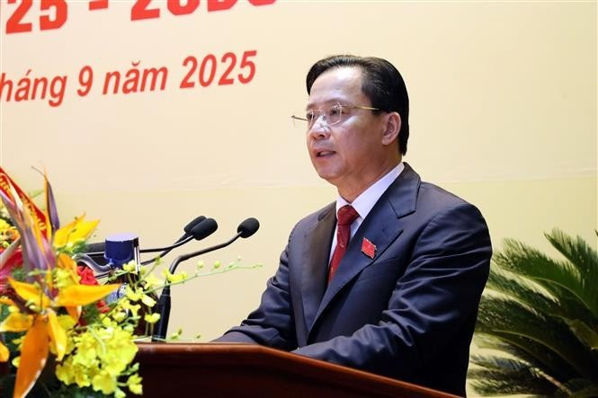 El secretario del Comité del Partido Comunista de Vietnam en Lang Son, Hoang Van Nghiem, interviene en la ceremonia de clausura. (Foto: VNA)