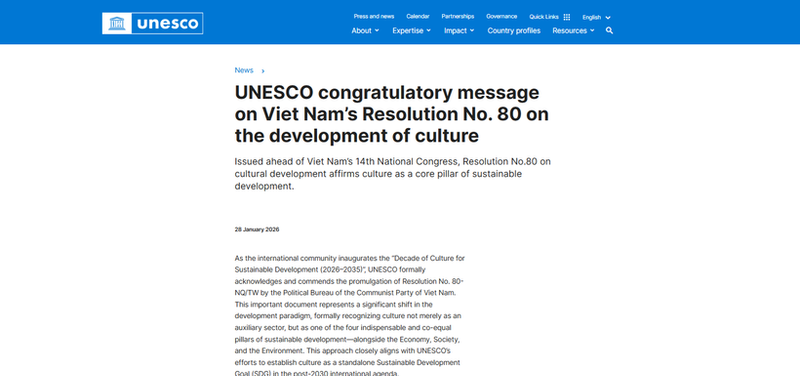 La Unesco aplaude la resolución vietnamita sobre desarrollo cultural. (Foto: Captura de la pantalla)
