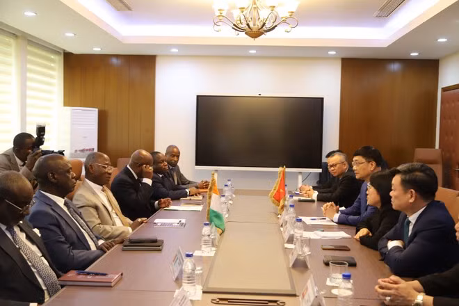 El vicepresidente de la Asamblea Nacional de Vietnam Vu Hong Thanh se reúne con el ministro de Relaciones Exteriores, Integración Africana y de los Marfileños en el Exterior, Kacou Houadja Léon Adom. (Foto: VNA)