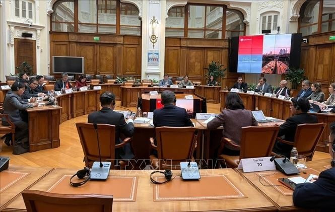 El viceprimer ministro de Vietnam Ho Duc Phoc en la reunión con el vicegobernador del Banco Central de Rusia, Alexey Guznov. (Foto: VNA)