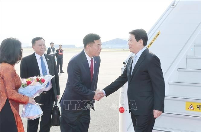 El embajador de Vietnam en Corea del Sur, Vu Ho, recibe al presidente Luong Cuong en el aeropuerto militar de Gimhae, en la ciudad surcoreana de Busán. (Foto: VNA)