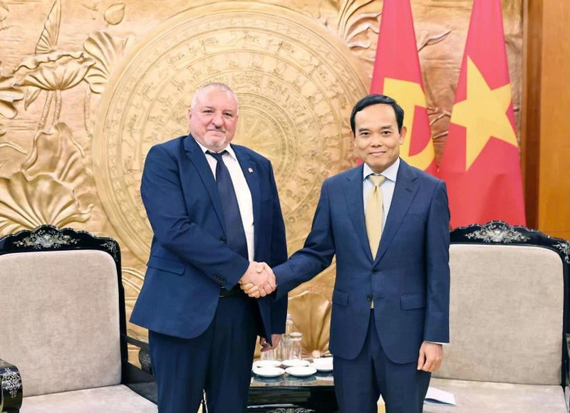 Tran Luu Quang (derecha), miembro del Secretariado del Comité Central del Partido Comunista de Vietnam y jefe de su Comisión de Políticas y Estrategias, y el presidente del Partido Socialista Húngaro, Komjáthi Imre. (Fotografía: VNA)