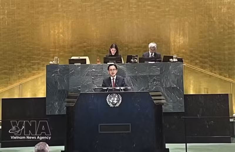 El embajador Do Hung Viet, jefe de la misión permanente de Vietnam ante la ONU, interviene en la sesión. (Foto: VNA)