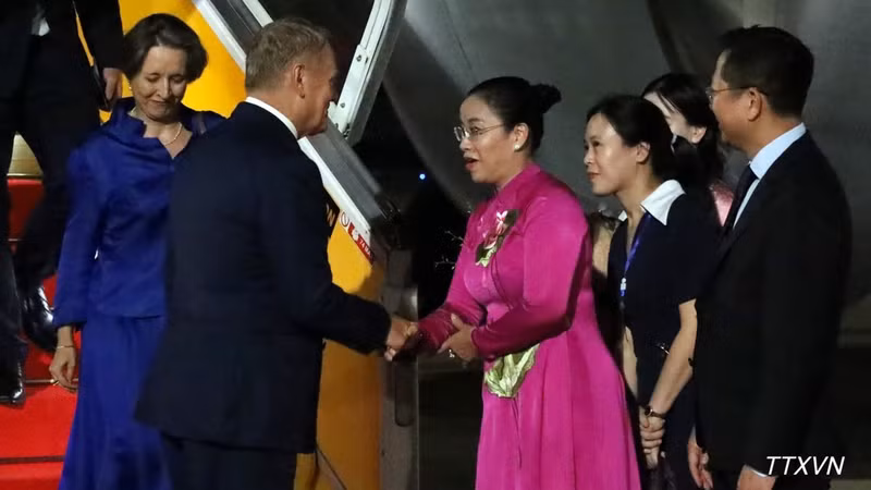 La vicepresidenta del Comité Popular de ciudad vietnamita de Da Nang, Nguyen Thi Anh Thi, recibe al primer ministro polaco, Donald Tusk, en el aeropuerto internacional de Da Nang. (Foto: VNA)