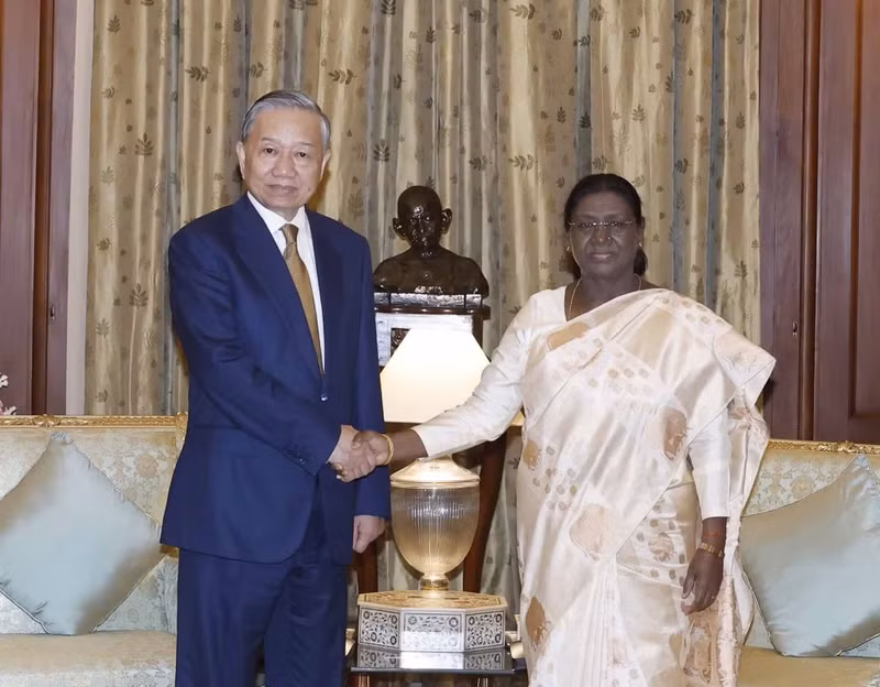 El secretario general del Partido Comunista y presidente de Vietnam, To Lam, sostiene un encuentro con la presidenta india, Droupadi Murmu. (Foto: VNA)