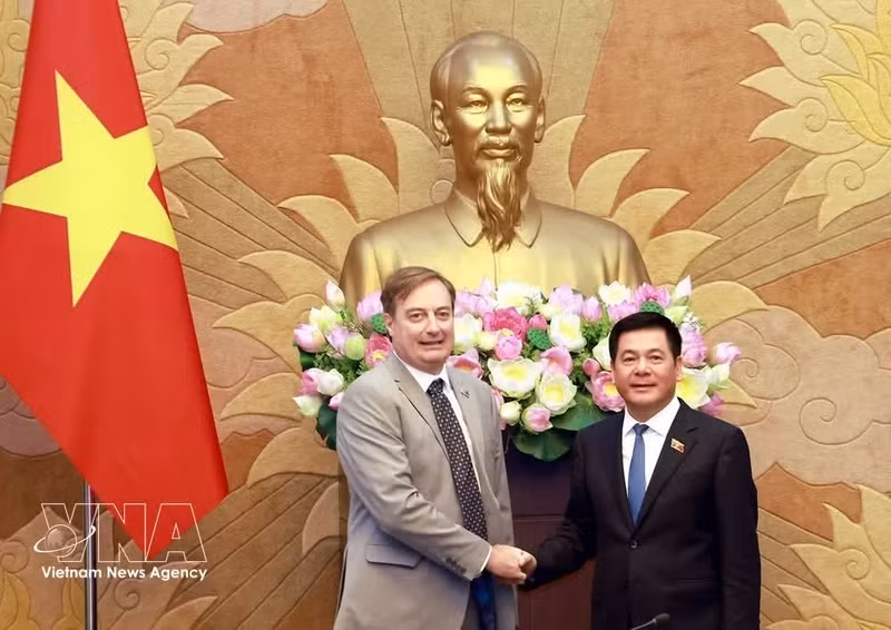 El vicepresidente de la Asamblea Nacional de Vietnam Nguyen Hong Dien y el presidente de la Cámara de Comercio Europea en Vietnam, Bruno Jaspaert. (Foto: VNA)