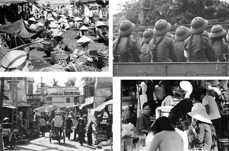 Obras del fotógrafo Gilbert Bertrand: “Vida cotidiana” (1975), “Mujer milicia sentada en un vehículo” y “Escena de mercado” (1975). (Foto: Comité Organizador)