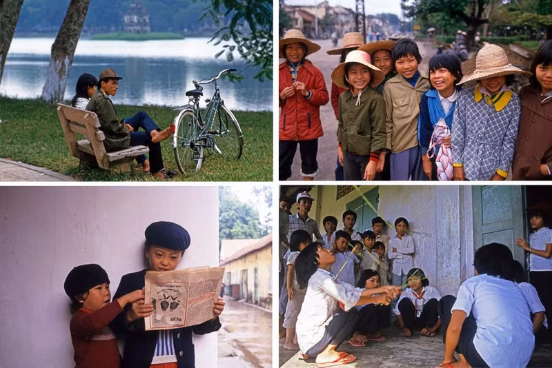 Otras obras de Lily Franey: “Pareja a orillas del lago Ho Guom en Hanói, Vietnam, en 1987”; “Un grupo de muchachas en una calle de Hanói, Vietnam, en 1987”; “Niños leyendo periódicos, Hanói, Vietnam, en 1987”; y “Juegos infantiles, Hanói, 1987”. (Foto: Comité Organizador)