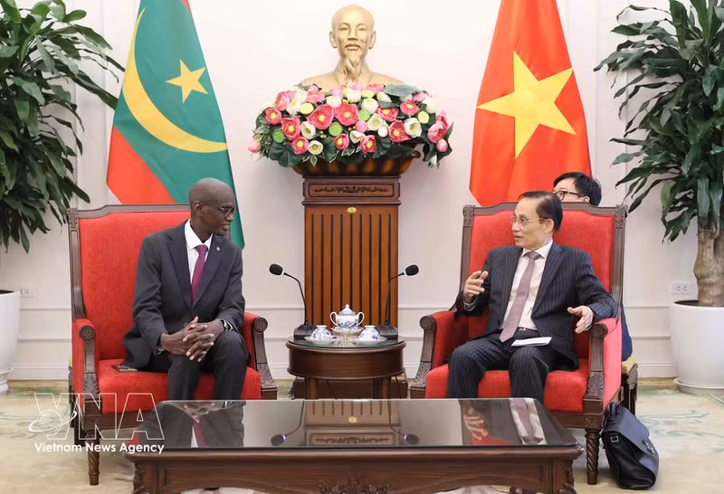 El ministro de Relaciones Exteriores vietnamita, Le Hoai Trung, recibe al ministro y secretario general del Gobierno de Mauritania, Moctar Al Housseynou Lam. (Foto: VNA)