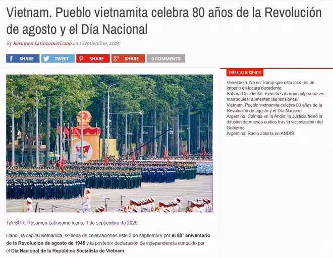 Captura de pantalla del artículo sobre la celebración del 80 aniversario de la Revolución de Agosto y el Día Nacional 2 de Septiembre del pueblo vietnamita. (Foto: VNA)