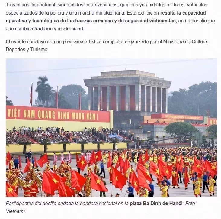 Captura de pantalla del artículo sobre la celebración del 80 aniversario de la Revolución de Agosto y el Día Nacional del 2 de septiembre del pueblo vietnamita. (Foto: VNA)