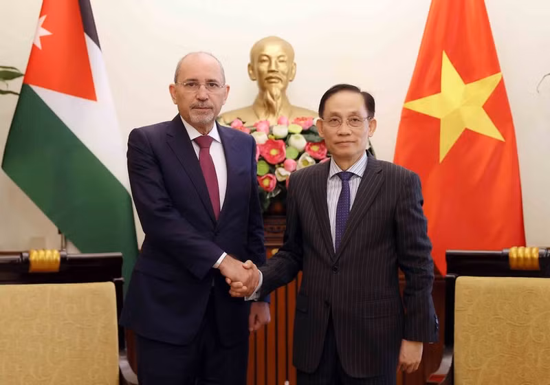 El canciller de Vietnam, Le Hoai Trung (derecha), se reúne con el viceprimer ministro y titular de Asuntos Exteriores y de los Residentes en el Exterior de Jornadia, Ayman Al Safadi (Foto: VNA)