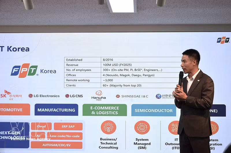 Representante de FPT Korea presenta a la delegación las actividades y el desarrollo del grupo en Corea del Sur (Foto: VNA)