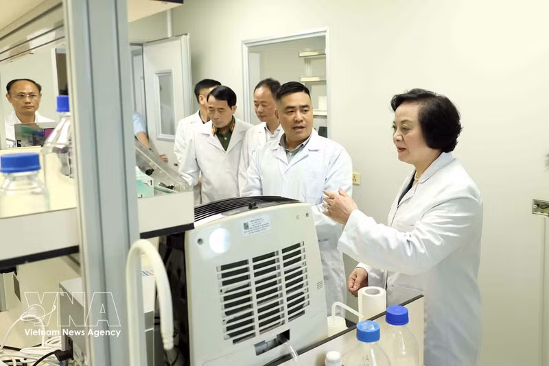 La viceprimera ministra Pham Thi Thanh Tra inspecciona los laboratorios en el Centro de Peritaje de ADN. (Foto: VNA)