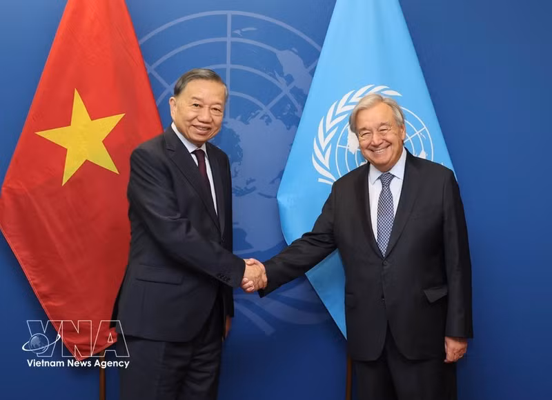 El secretario general del Comité Central del Partido Comunista y presidente de Vietnam, To Lam, se reúne con el secretario general de esta mayor organización mundial, António Guterres. (Foto: VNA)