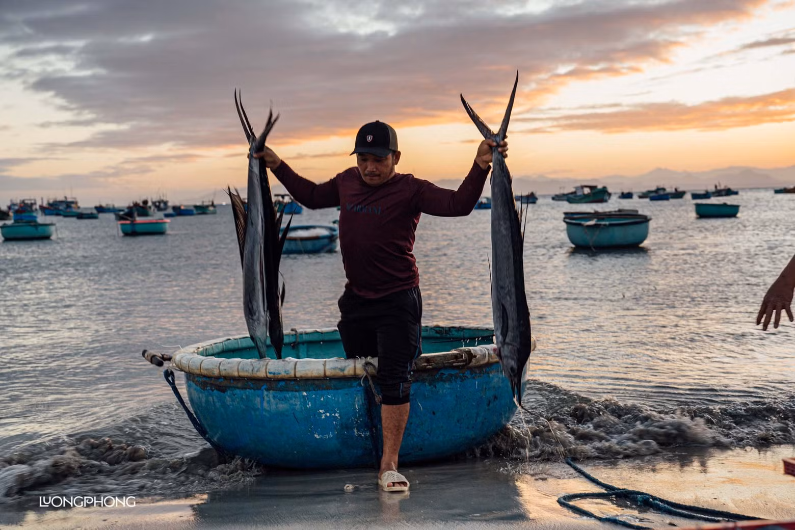 Los pescadores de My Hiep pescan principalmente con redes y botes de canasta cerca de la orilla. Cada mañana, los barcos llegan a la orilla trayendo camarones y peces frescos tras pasar la noche en el mar.