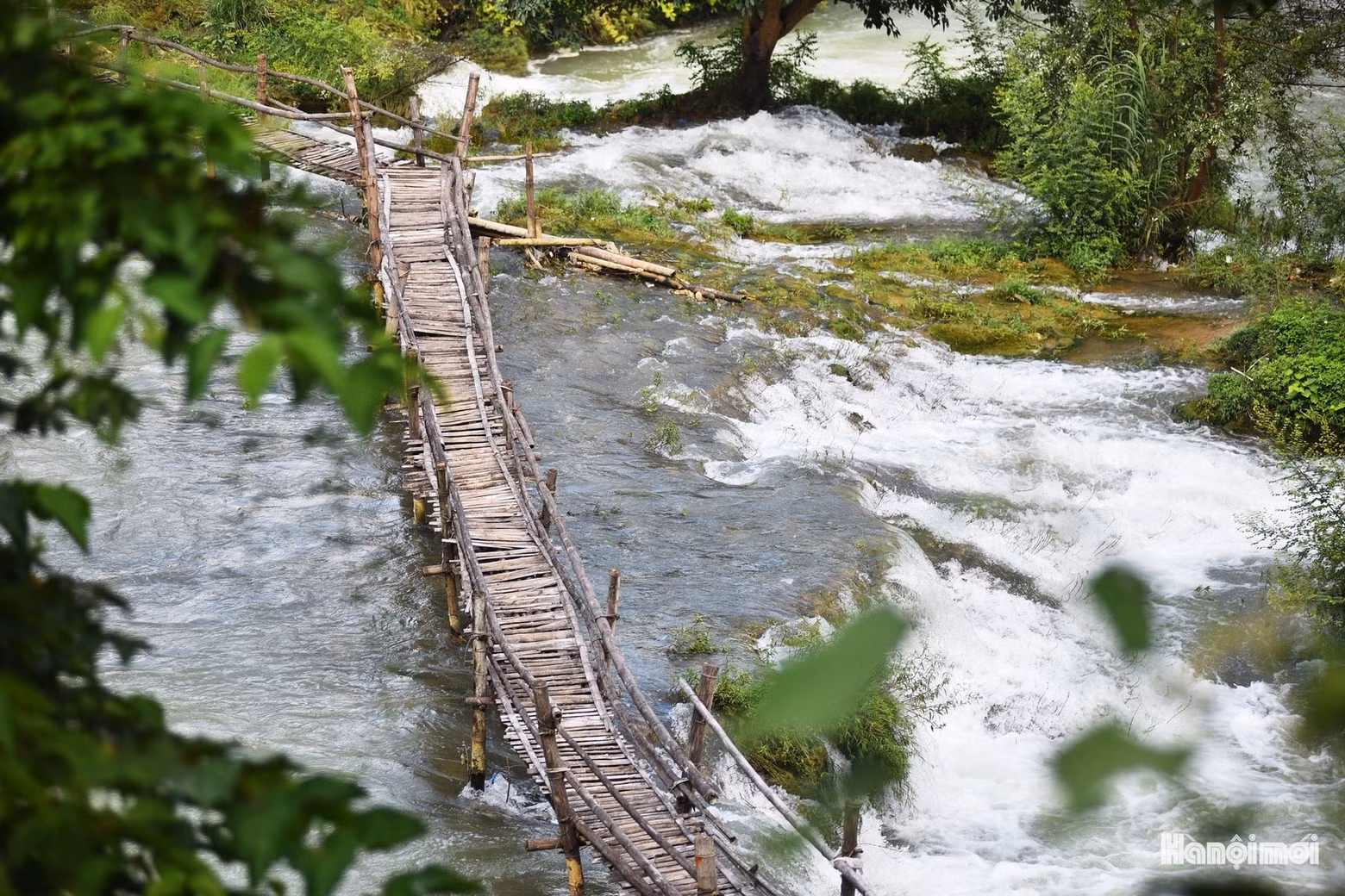 El agua cristalina cae suavemente por escalones de roca cubiertos de musgo.