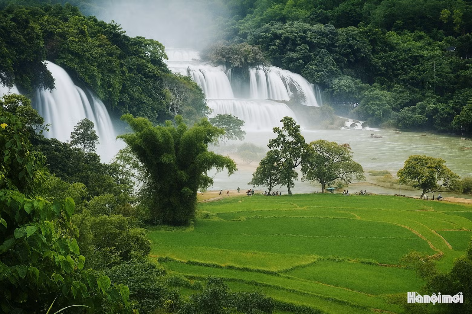 Desde la distancia, la cascada de Ban Gioc se asemeja a una franja de seda blanca que atraviesa la inmensidad del bosque, destacando entre el verde intenso de las montañas y selvas de Trùng Khánh.