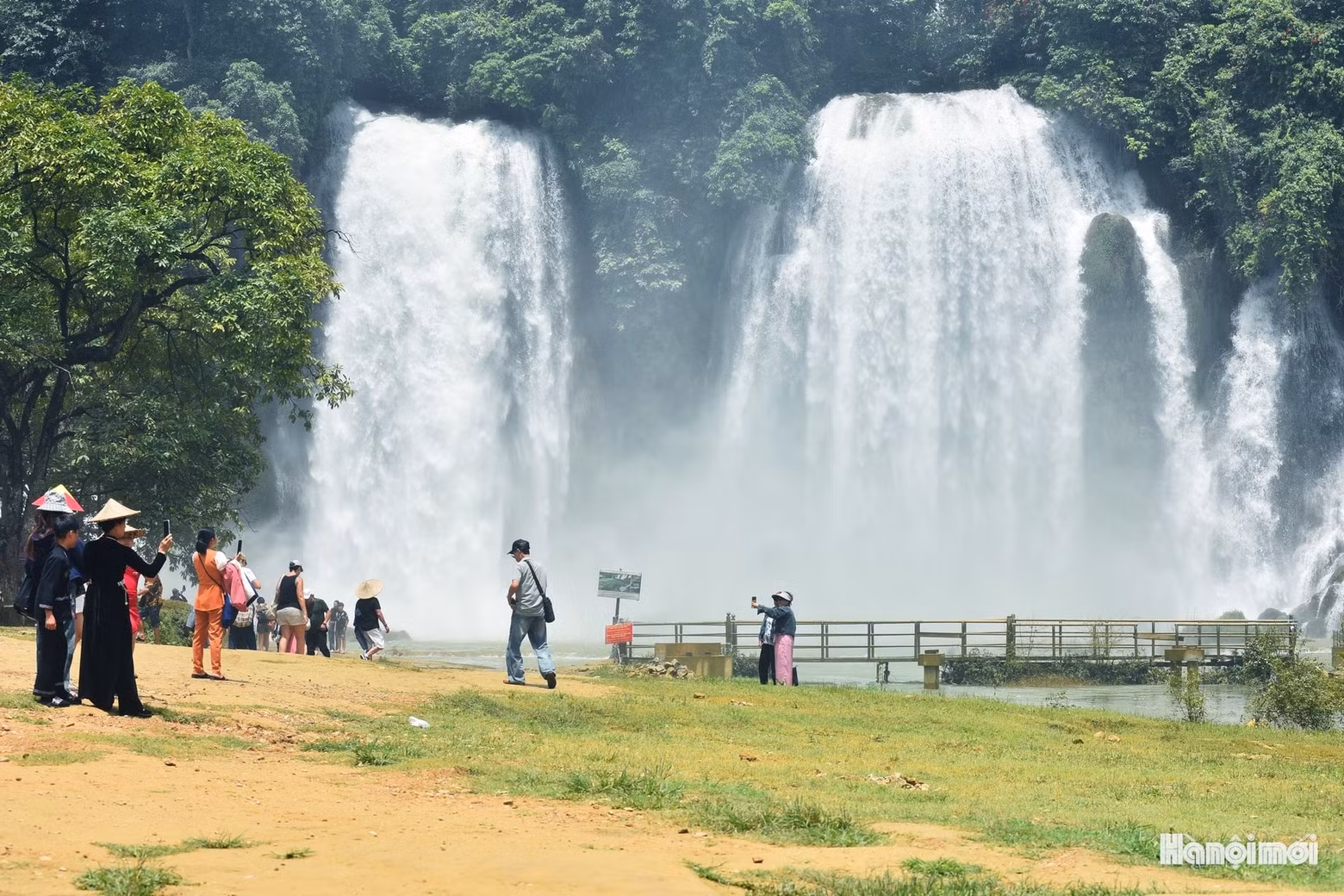 El agua cae desde una altura de más de 30 metros, creando una bruma blanca y fresca que se dispersa por todo el entorno.