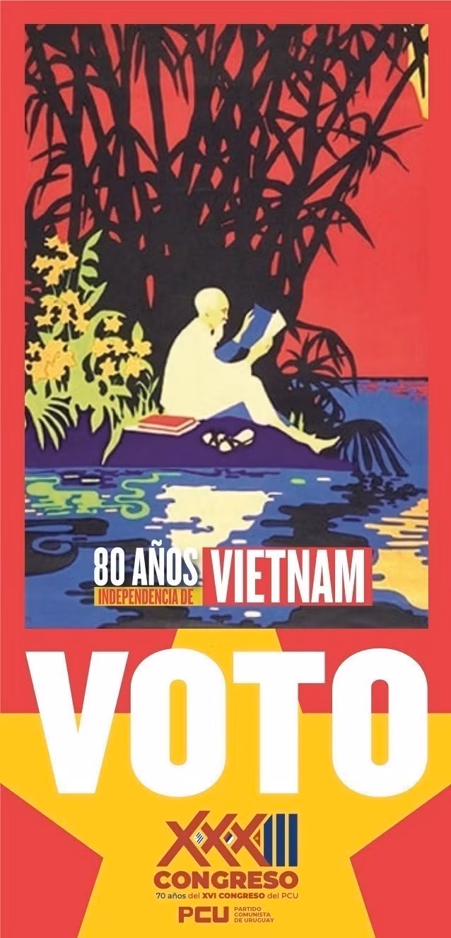 Imagen del Presidente Ho Chi Minh en una papeleta electoral del 33.º Congreso del Partido Comunista del Uruguay, con la inscripción "80 años del Día Nacional de Vietnam. 33.º Congreso del Partido Comunista del Uruguay (PCU)". Foto: VNA