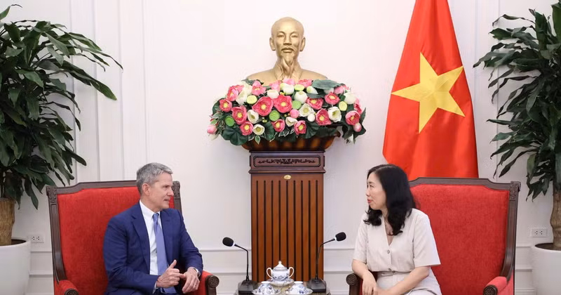 La vicecanciller vietnamita Le Thi Thu Hang se reúne con Phil Nelson, vicepresidente ejecutivo del grupo estadounidense CNN. (Fuente: Cancillería)