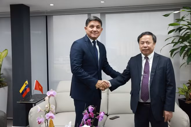 Jorge Márquez, vicepresidente sectorial de Servicios y Obras Públicas y ministro del Poder Popular para la Energía Eléctrica de Venezuela y Nguyen Hong Son, director del Instituto de Ciencias Agrícolas de Vietnam. (Fuente: VNA)