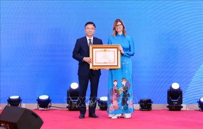 El viceprimer ministro Le Thanh Long entrega un certificado de reconocimiento del Primer Ministro de Vietnam a la representante de UNICEF en Vietnam. (Foto: VNA)