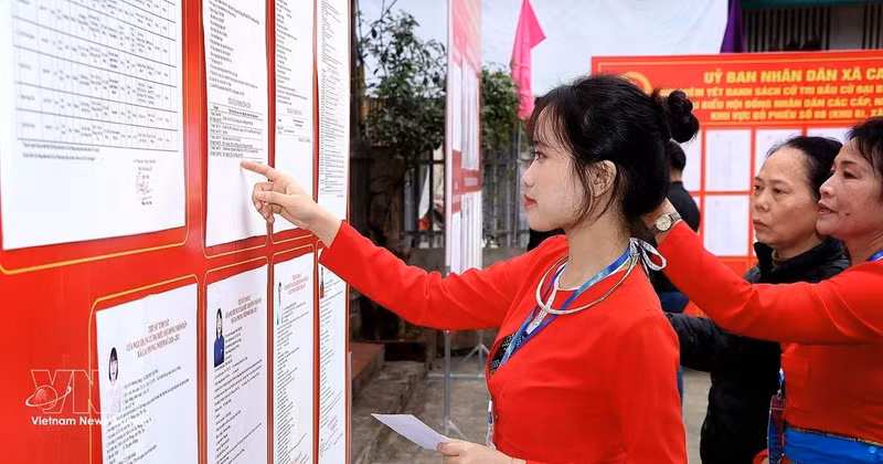 Los votantes de la minoría étnica Muong, que votan por primera vez, estudian detenidamente las biografías de sus candidatos. (Foto: VNA)