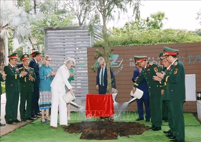 La gobernadora general de Australia, Sam Mostyn, su esposo y Nguyen Truong Thang, viceministro vietnamita de Defensa, plantan árboles conmemorativos en el hospital. (Foto: VNA)