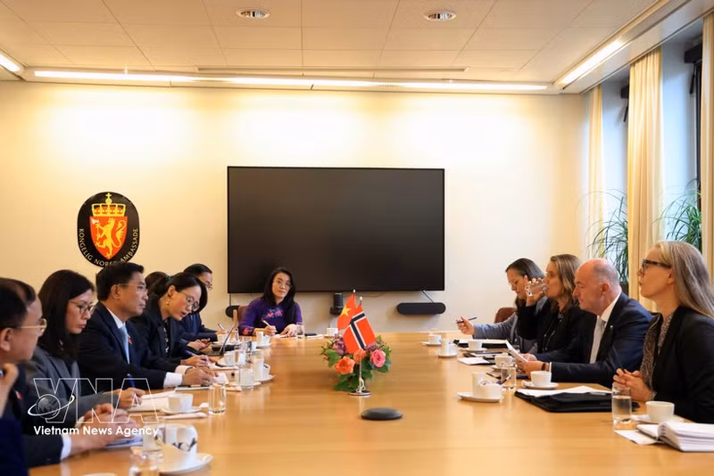 El vicepresidente de la Asamblea Nacional de Vietnam, Nguyen Doan Anh, sostiene conversaciones con el primer vicepresidente del Parlamento noruego, Morten Stordalen. (Fuente: VNA)
