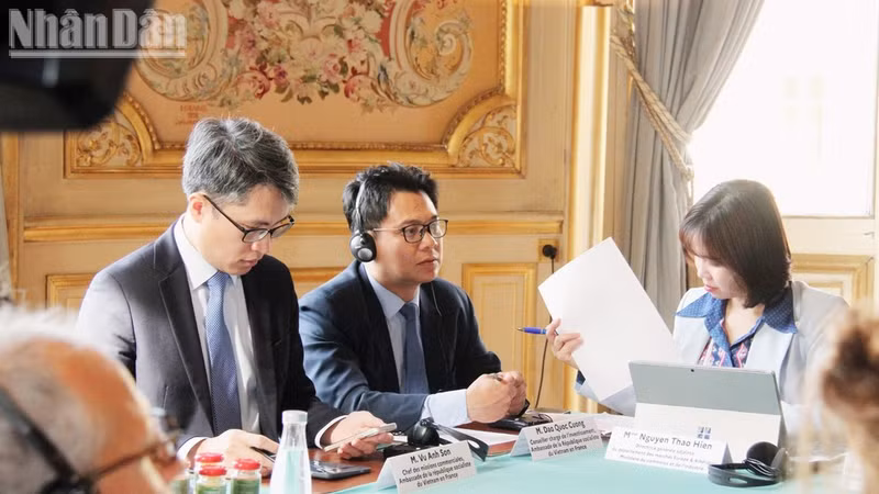 El consejero de Inversiones, Dao Quoc Cuong, y el consejero comercial, Vu Anh Son, participan en la octava reunión del Diálogo anual de alto nivel sobre economía Vietnam-Francia, celebrada en París el 17 de mayo de 2024. (Foto: Khai Hoan)