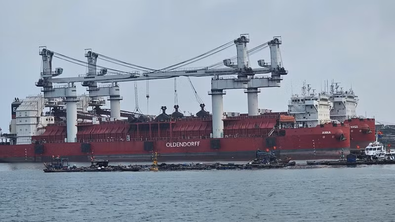 Grandes buques de carga atracan y descargan mercancías en el puerto de aguas profundas de Nghi Son, en la provincia de Thanh Hoa. (Foto: Nhan Dan)