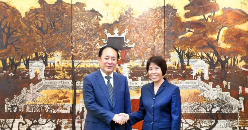 La viceministra de Finanzas de Vietnam, Nguyen Thi Bich Ngoc, recibe al subjefe de la Oficina de Investigación del Consejo de Estado de China, Fan Bi. (Foto: https://thoibaotaichinhvietnam.vn/)