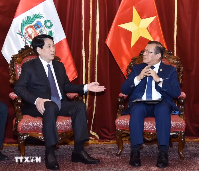 El jefe del Estado vietnamita, Luong Cuong, conversa con el titular del Congreso de Perú, Eduardo Salhuana.