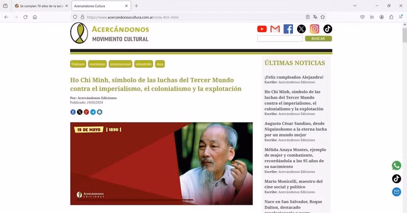 El sitio web Acercándonos Cultura de Argentina dedica su espacio especial para divulgar la contribución del Presidente Ho Chi MInh.