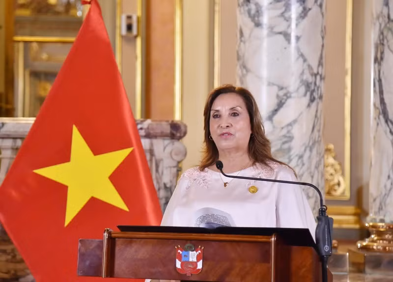 La presidenta Perú, Dina Ercilia Boluarte Zegarra, habla en el evento. (Fuente: VNA)