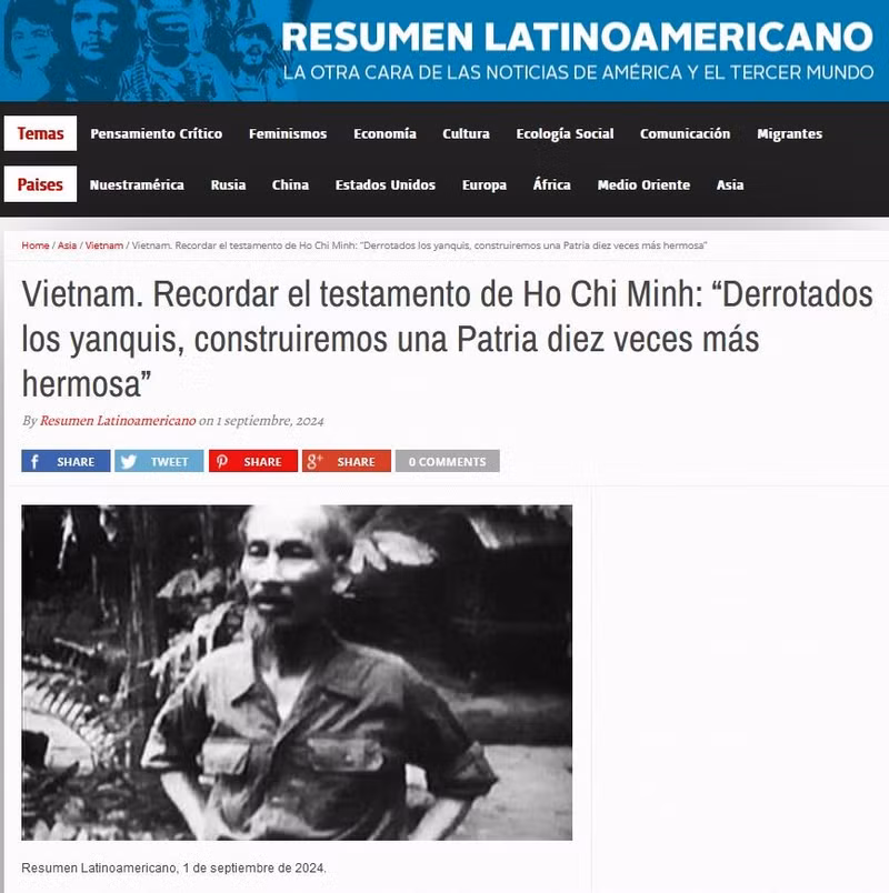 La página web argentina Resumen Latinoamericano publicó varios artículos sobre el presidente Ho Chi Minh, en conmemoración del 55 aniversario de puesta en práctica de su testamento. (Foto: VNA) La página web argentina Resumen Latinoamericano publicó varios artículos sobre el presidente Ho Chi Minh, en conmemoración del 55 aniversario de puesta en práctica de su testamento. (Foto: VNA)