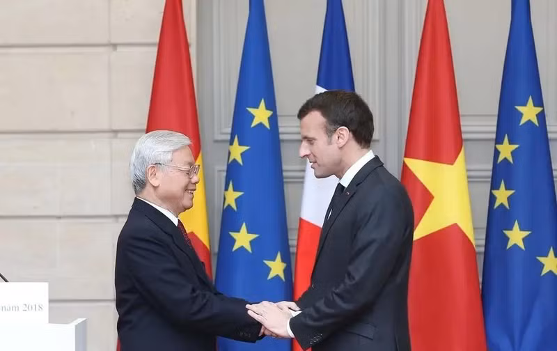 El secretario general del PCV, Nguyen Phu Trong, y el presidente francés, Emmanuel Macron, se reúnen en la visita oficial a Francia en 2018 (Fuente: VNA)