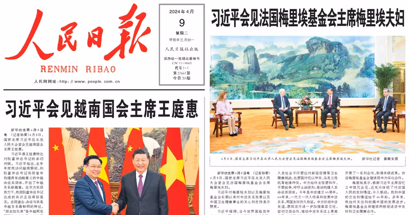 Noticias y fotos publicadas en la portada del People's Daily (El Diario del Pueblo) sobre el encuentro entre el presidente de la Asamblea Nacional de Vietnam, Vuong Dinh Hue, y el secretario general del Comité Central del PCCh y presidente de China, Xi Jinping. (Foto capturada de pantalla)