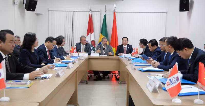 Nguyen Trong Nghia, miembro del Buró Político y jefe de la Comisión de Propaganda y Educación del Comité Central del Partido Comunista de Vietnam, sostiene una reunión de trabajo con Carlos Lupi, presidente del Partido Democrático Laborista y ministro de Seguridad Social de Brasil. (Fuente: VNA)