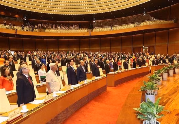 Dirigentes y exdirigentes del Partido, Estado y Asamblea Nacional, y diputados asisten al acto de izamiento de bandera. (Foto: VNA) Dirigentes y exdirigentes del Partido, Estado y Asamblea Nacional, y diputados asisten al acto de izamiento de bandera. (Foto: VNA)